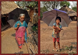 an old karen hilltribe woman and a youth; the old woman is in traditional dress, and the youth is dressed in modern clothing and holding en electronic device